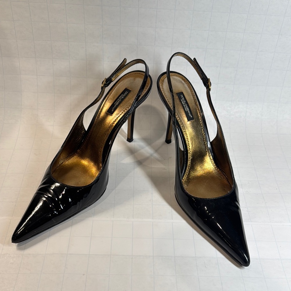 Dolce & Gabbana Black Patent Sling-back Stiletto Heels 39.5